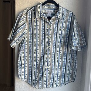 Cabin Creek Womens L Vintage Button Front Shirt Floral Striped Blue  Cottagecore